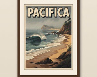 Surfposter Pacifica, Californië | Vintage strandprint | Retro kustmuurkunst | Afdrukbaar reisdecor | Digitale download