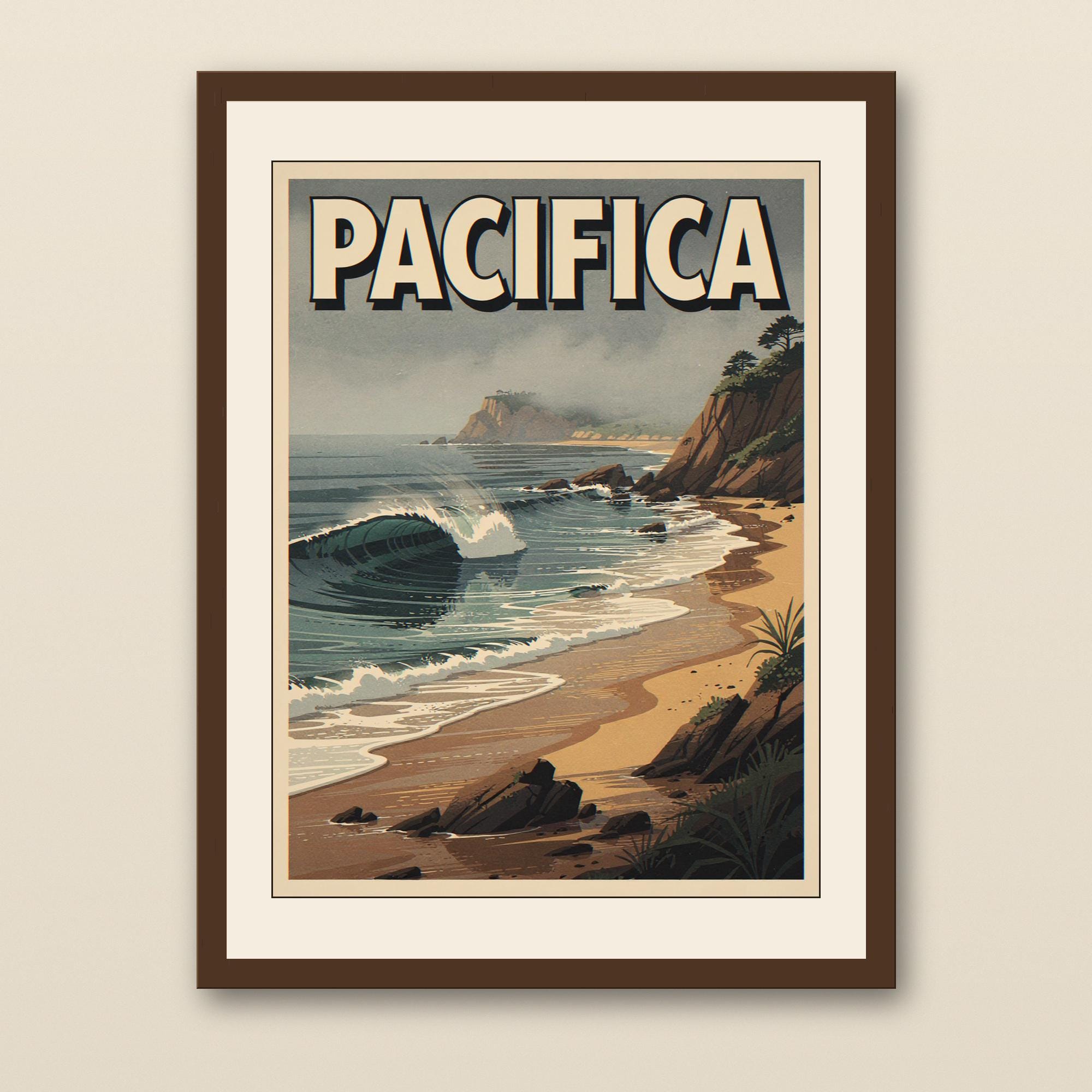 Pacifica California Surf Poster - walnut framed art print with cream mat on plaster wall