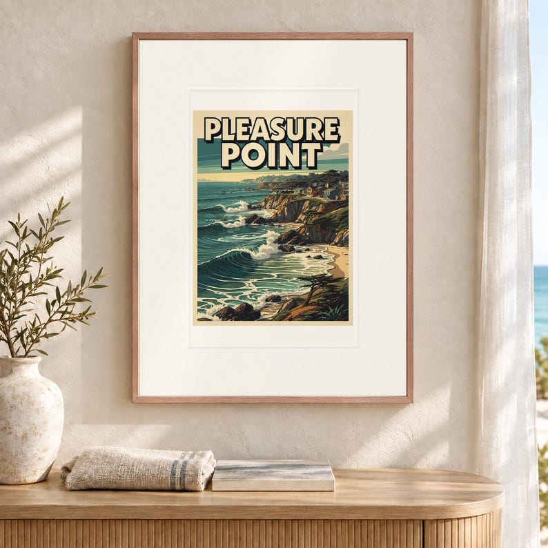 Poster di viaggio di Pleasure Point dedicato al surf, con o senza cornice, stampa costiera in stile vintage. immagine 12