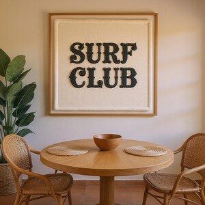 Surf Club Embroidered Patch Print framed in a coastal dining room setting