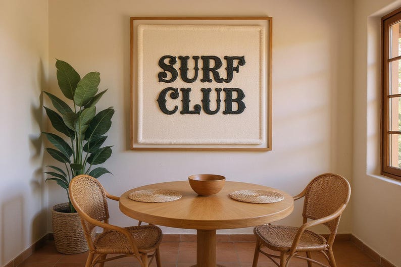 Surf Club Embroidered Patch Print framed in a coastal dining room setting