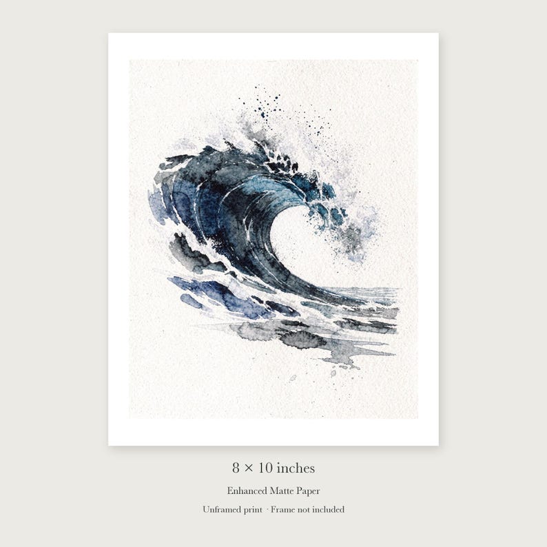 Indigo Barrel Wave Watercolor unframed 8 by 10 inch print on enhanced matte paper, shown with its white paper border.