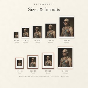 Sizes and formats for George Washington, shown to scale: unframed prints from 8 by 10 to 24 by 36 inches, oak hanger and framed prints.