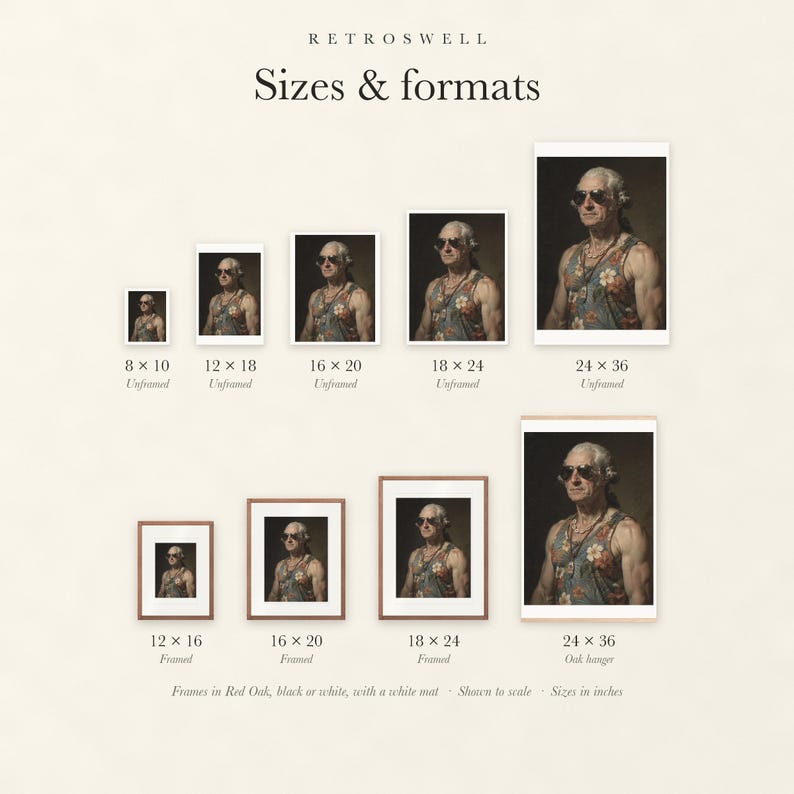 Sizes and formats for George Washington, shown to scale: unframed prints from 8 by 10 to 24 by 36 inches, oak hanger and framed prints.