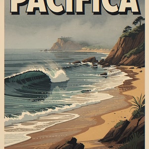 Pacifica coastal scene unframed printed artwork and full composition with its paper border.