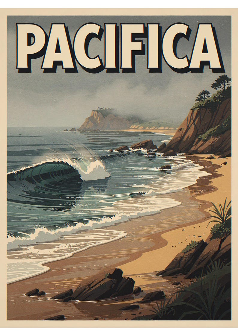 Pacifica coastal scene unframed printed artwork and full composition with its paper border.