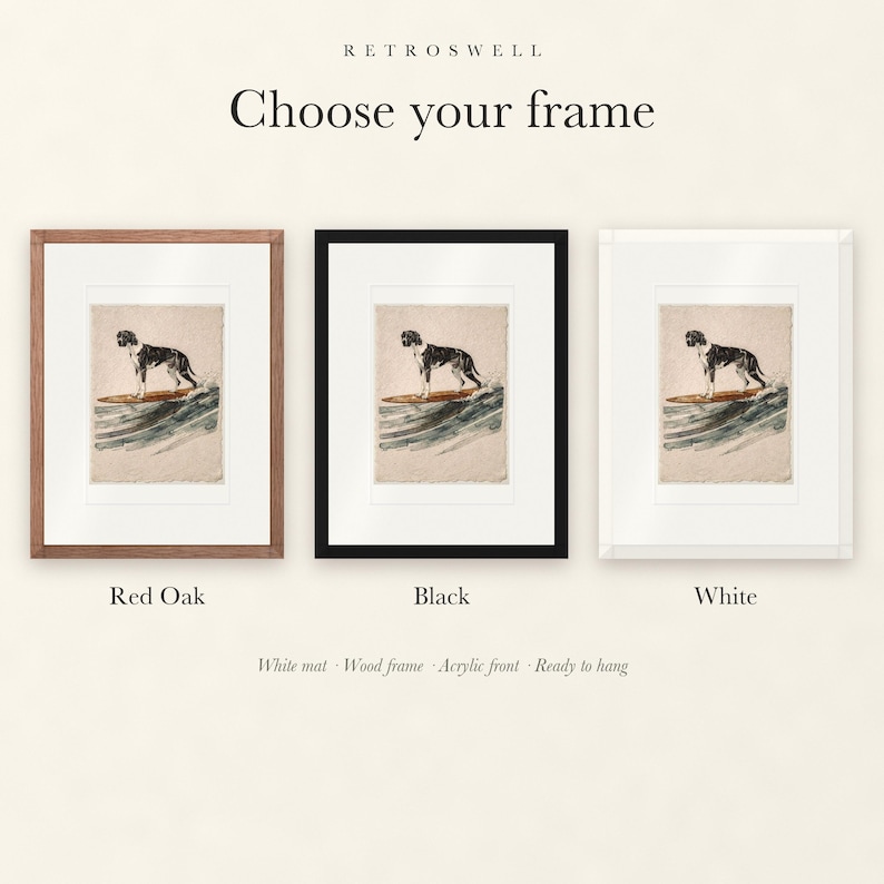 Frame options for Great Dane Surfing: Red Oak, black and white wood frames, each with a white mat.
