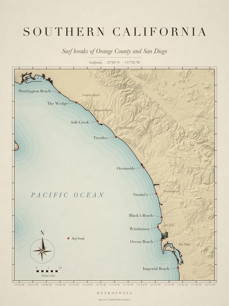 Southern California Surf Map, full artwork: vintage-style chart of the surf breaks with compass rose and scale.