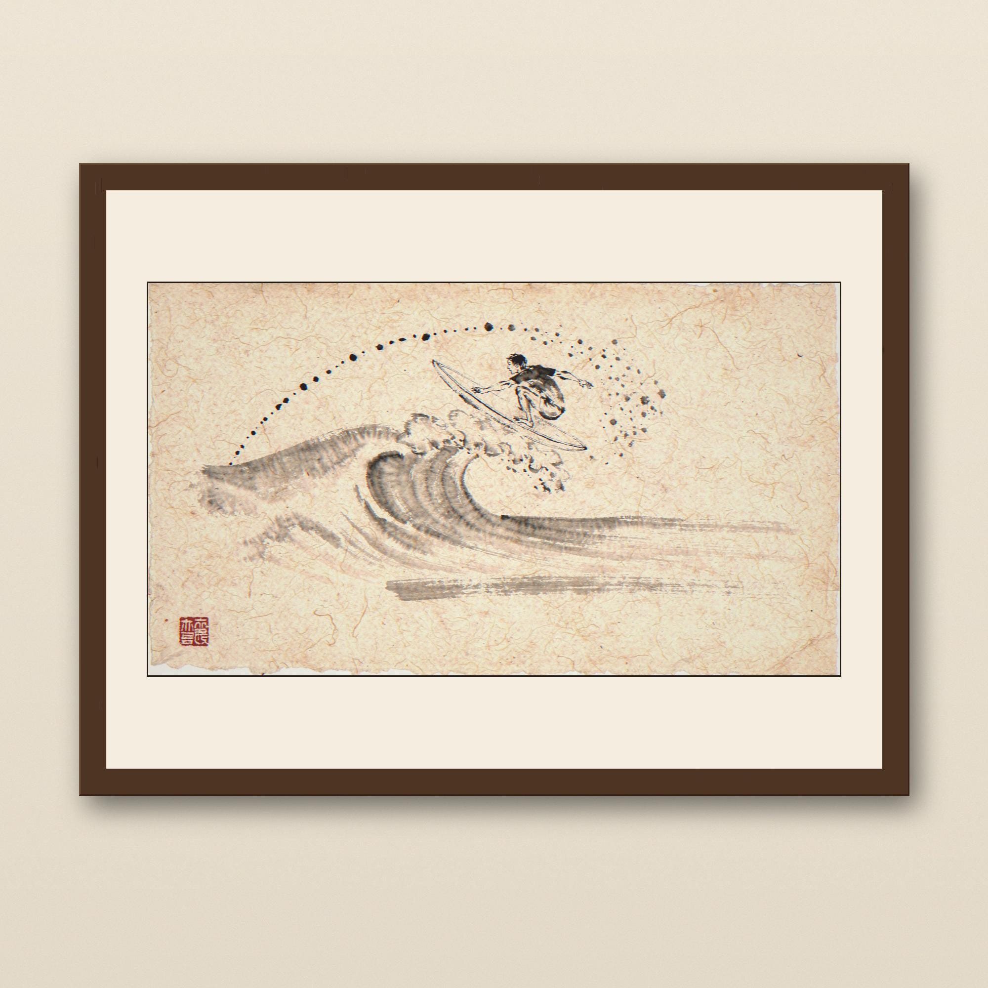 Xieyi Ink Surfer In The Barrel Print - walnut framed art print with cream mat on plaster wall