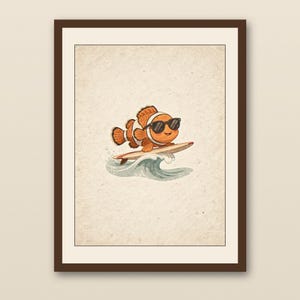 Clownfish Surfing Art Print | Ocean Coastal Baby Room Wall Art | Beach Nursery Decor | Printable Baby Shower Gift