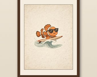 Clownfish Surfing Art Print | Ocean Coastal Baby Room Wall Art | Beach Nursery Decor | Printable Baby Shower Gift