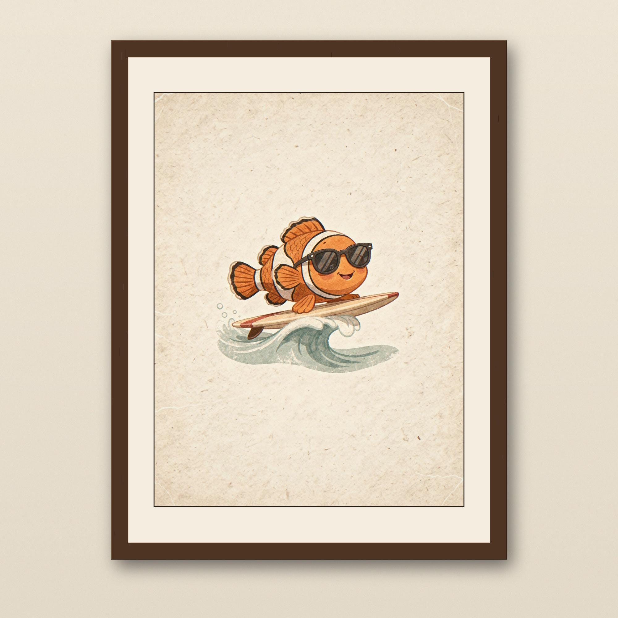 Clownfish Surfing Art Print - walnut framed art print with cream mat on plaster wall