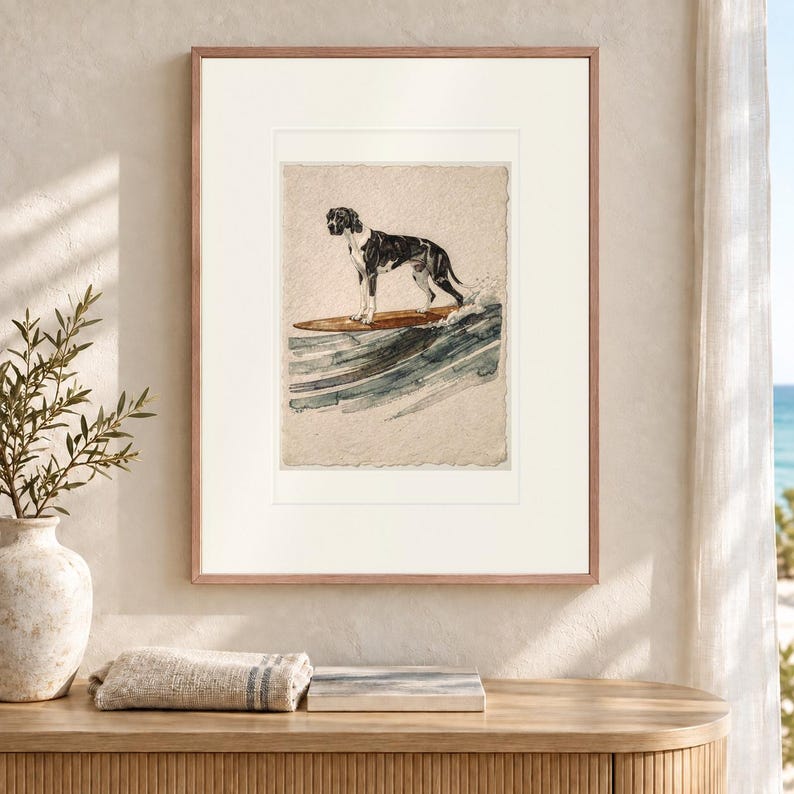 Great Dane Surfing Art Print, Framed or Unframed Coastal Dog Poster image 12