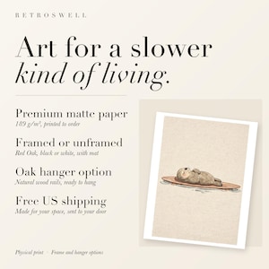 RetroSwell print details for Sea Otter on Surfboard: premium 189 g/m² matte paper, framed or unframed, oak hanger option, free US shipping.