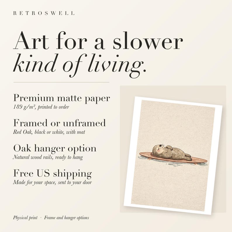 RetroSwell print details for Sea Otter on Surfboard: premium 189 g/m² matte paper, framed or unframed, oak hanger option, free US shipping.