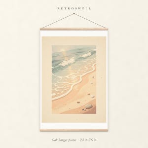 Ocean Waves oak hanger poster, 24 by 36 inches, with natural wood rails and a hanging cord.