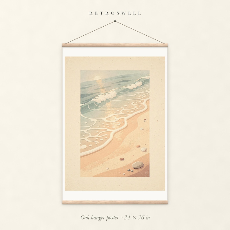 Ocean Waves oak hanger poster, 24 by 36 inches, with natural wood rails and a hanging cord.