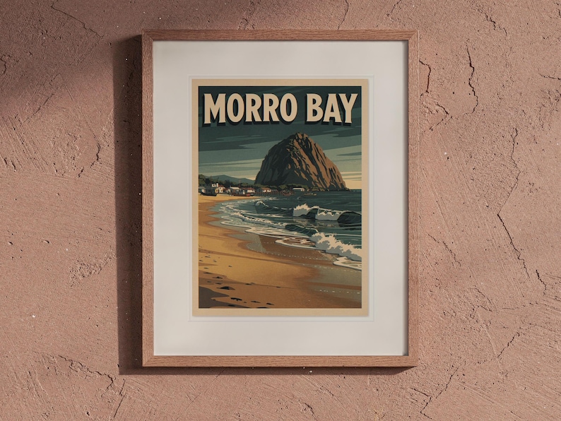 Morro Bay Surf Travel Poster print in a Red Oak frame with a white mat, hanging above the table in a boho living room.
