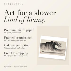 RetroSwell print details for Crashing Wave Xieyi Ink: premium 189 g/m² matte paper, framed or unframed, oak hanger option, free US shipping.
