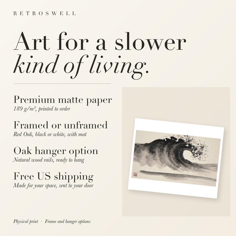 RetroSwell print details for Crashing Wave Xieyi Ink: premium 189 g/m² matte paper, framed or unframed, oak hanger option, free US shipping.
