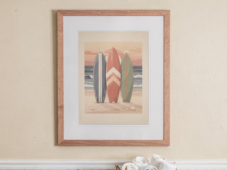 Lámina decorativa infantil con diseño de tabla de surf, enmarcada o sin enmarcar. Póster retro playero para habitación de bebé. imagen 13