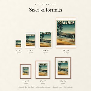 Sizes and formats for Oceanside California Surf, shown to scale: unframed prints, oak hanger and framed prints.