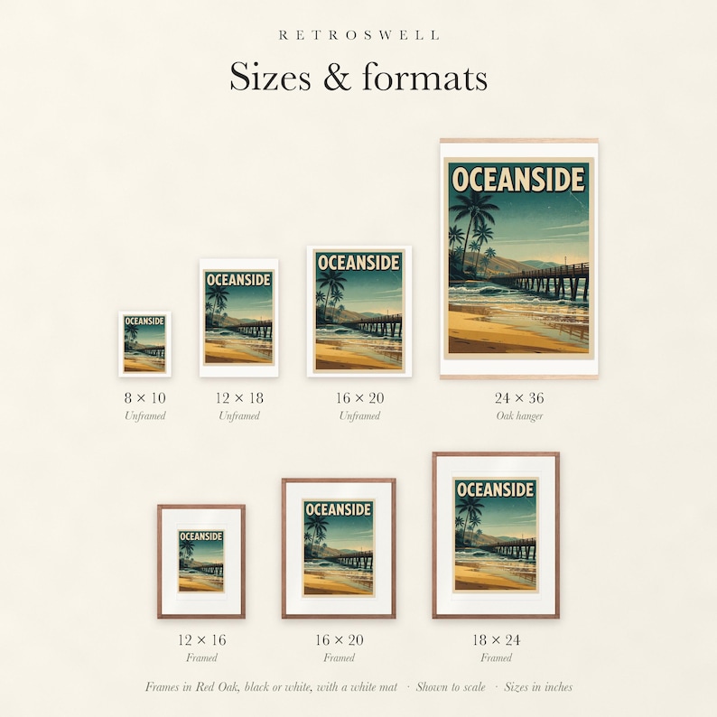 Sizes and formats for Oceanside California Surf, shown to scale: unframed prints, oak hanger and framed prints.