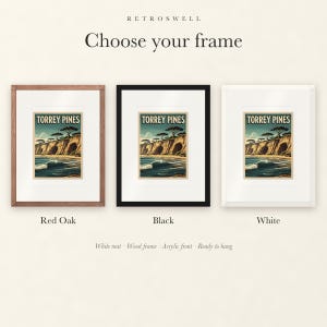Frame options for Torrey Pines Surf: Red Oak, black and white wood frames, each with a white mat.