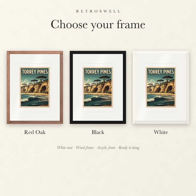 Frame options for Torrey Pines Surf: Red Oak, black and white wood frames, each with a white mat.