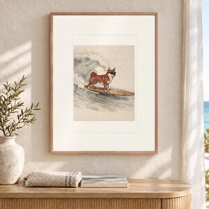 Shiba Inu Surfing Art Print, Framed or Unframed Coastal Dog Poster image 12