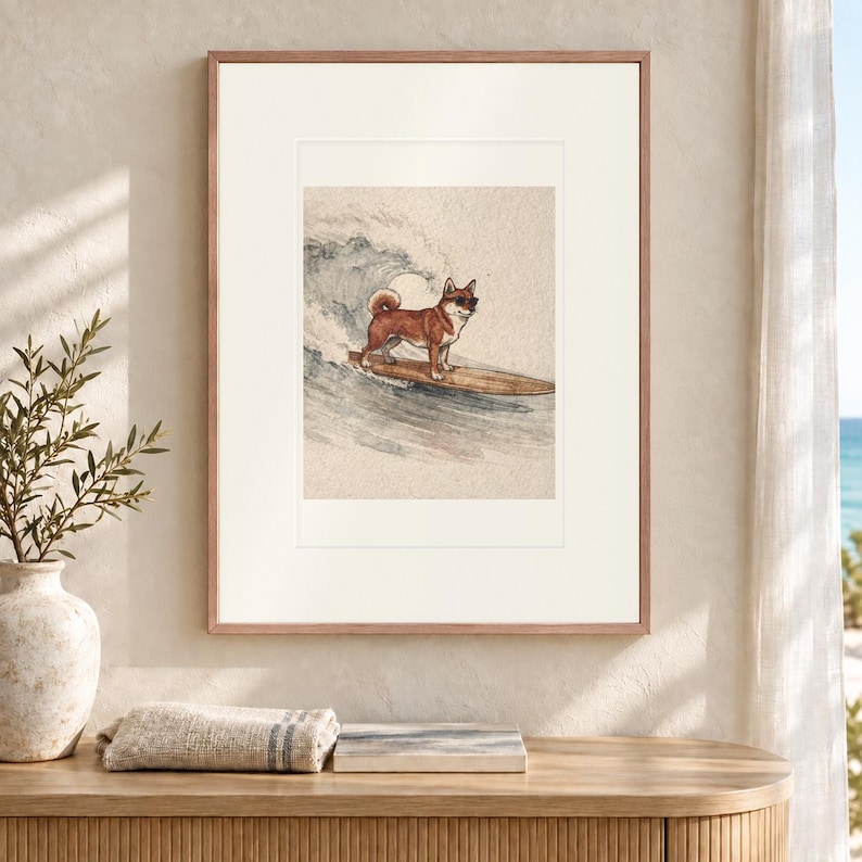 Shiba Inu Surfing Art Print, Framed or Unframed Coastal Dog Poster image 12