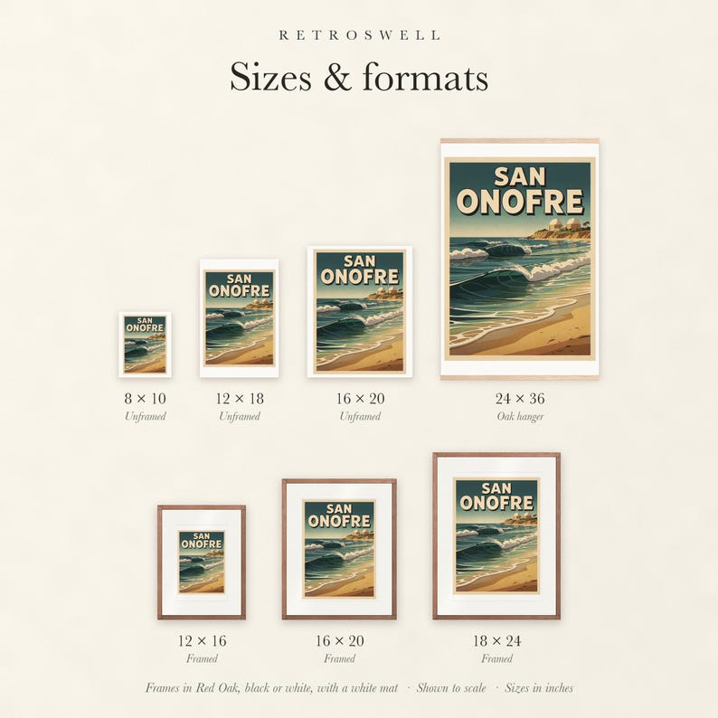 Sizes and formats for San Onofre Surf, shown to scale: unframed prints, oak hanger and framed prints.