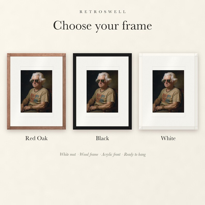 Frame options for Thomas Jefferson: Red Oak, black and white wood frames, each with a white mat.
