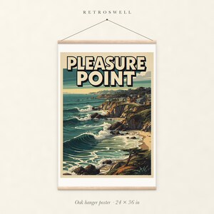 Pleasure Point Surf oak hanger poster, 24 by 36 inches, with natural wood rails and a hanging cord.