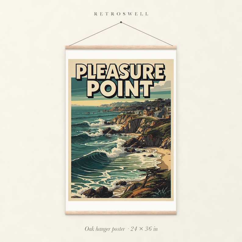 Pleasure Point Surf oak hanger poster, 24 by 36 inches, with natural wood rails and a hanging cord.