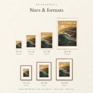 Sizes and formats for Topanga Surf, shown to scale: unframed prints, oak hanger and framed prints.