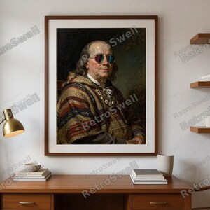 Benjamin Franklin Surfing Print framed in a home office setting
