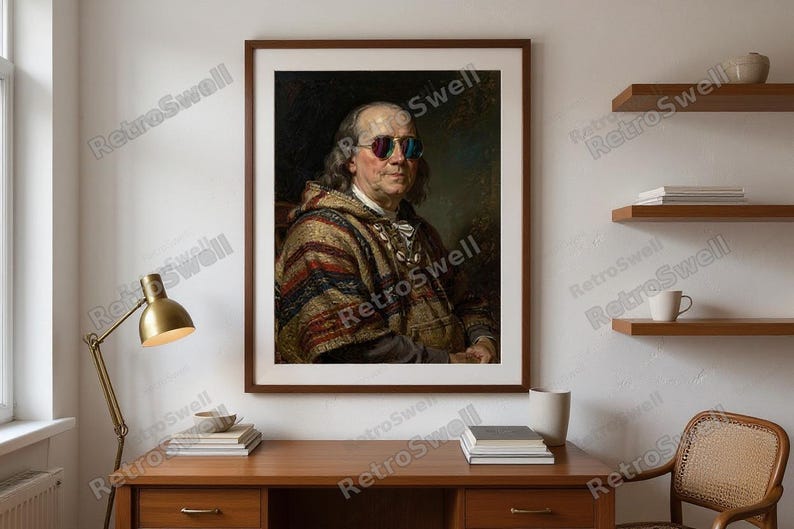Benjamin Franklin Surfing Print framed in a home office setting