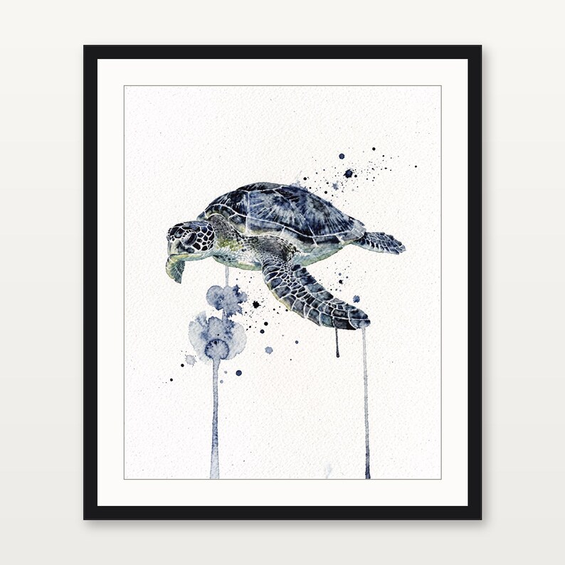 Sea Turtle Watercolor Print Coastal Wall Art Indigo Blue Ocean Painting Beach House Decor Printable Wall Art Digital Download image 3