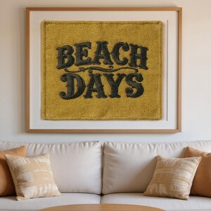 Beach Days Embroidered Patch Print framed in a beach-style living room setting