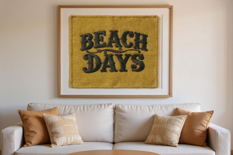 Beach Days Embroidered Patch Print framed in a beach-style living room setting
