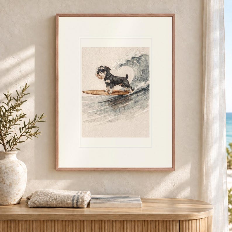 Miniature Schnauzer Surfing Art Print, Framed or Unframed Coastal Dog Poster image 12