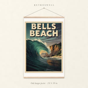 Bells Beach Australia Surf oak hanger poster, 24 by 36 inches, with natural wood rails and a hanging cord.