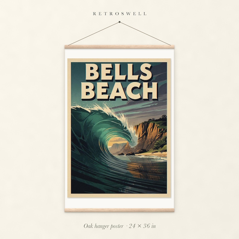 Bells Beach Australia Surf oak hanger poster, 24 by 36 inches, with natural wood rails and a hanging cord.