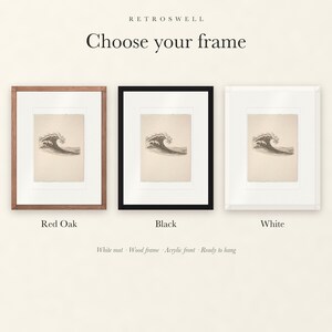 Frame options for Wave Etching Style: Red Oak, black and white wood frames, each with a white mat.