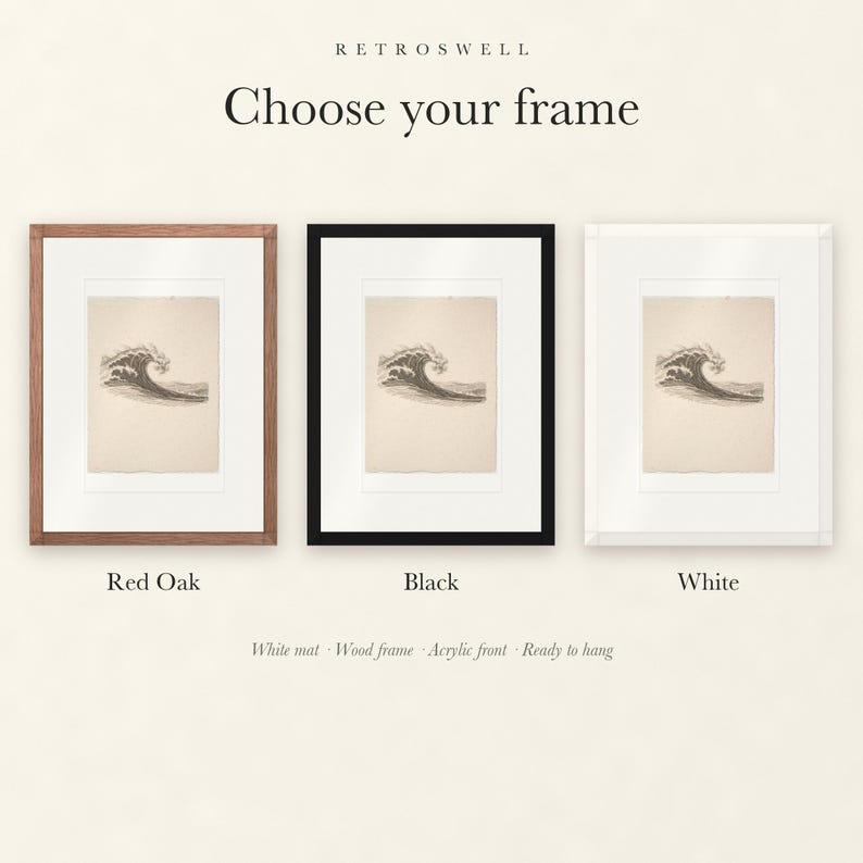 Frame options for Wave Etching Style: Red Oak, black and white wood frames, each with a white mat.