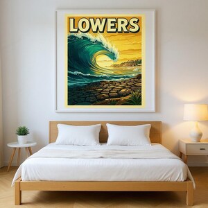 Lowers Surf Poster framed in a modern bedroom setting