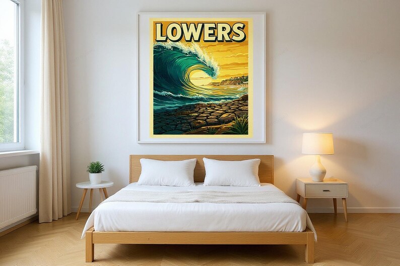 Lowers Surf Poster framed in a modern bedroom setting