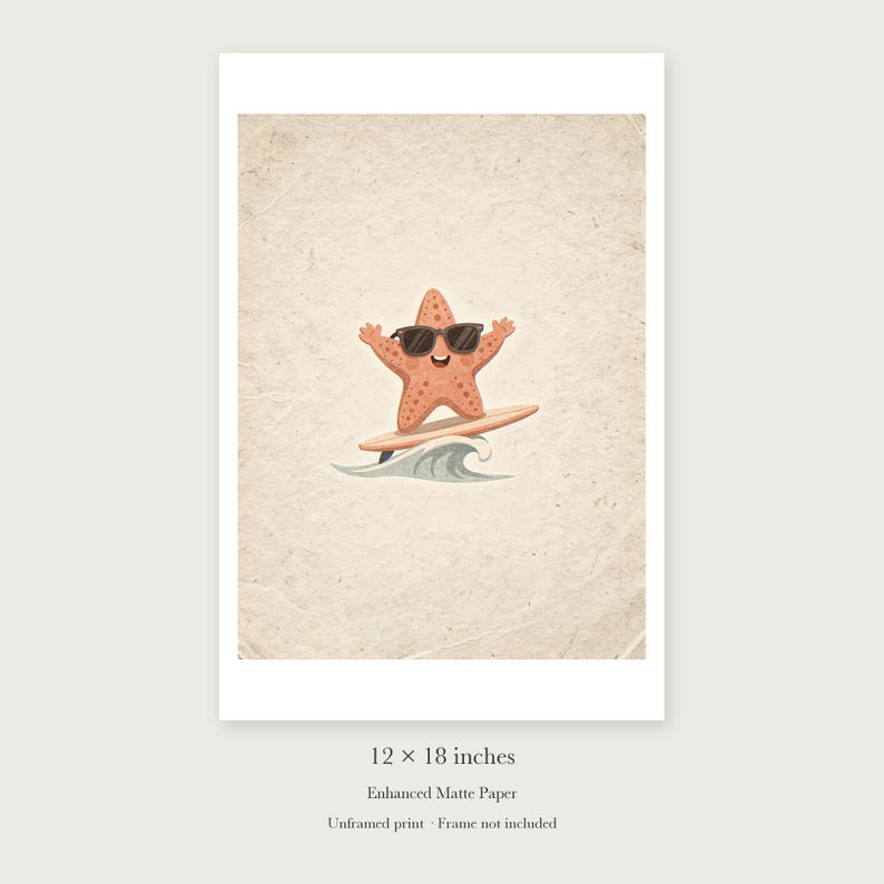 Surfing Starfish unframed 12 by 18 inch print on enhanced matte paper, shown with its white paper border.