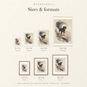 Sizes and formats for Rottweiler Surfing, shown to scale: unframed prints, oak hanger and framed prints.